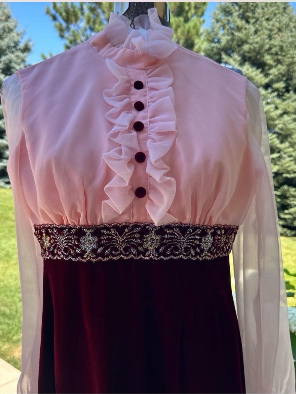 Vintage 1960 Burgundy Velvet Maxi Dress with Pink Bodice - Picture 2 of 5